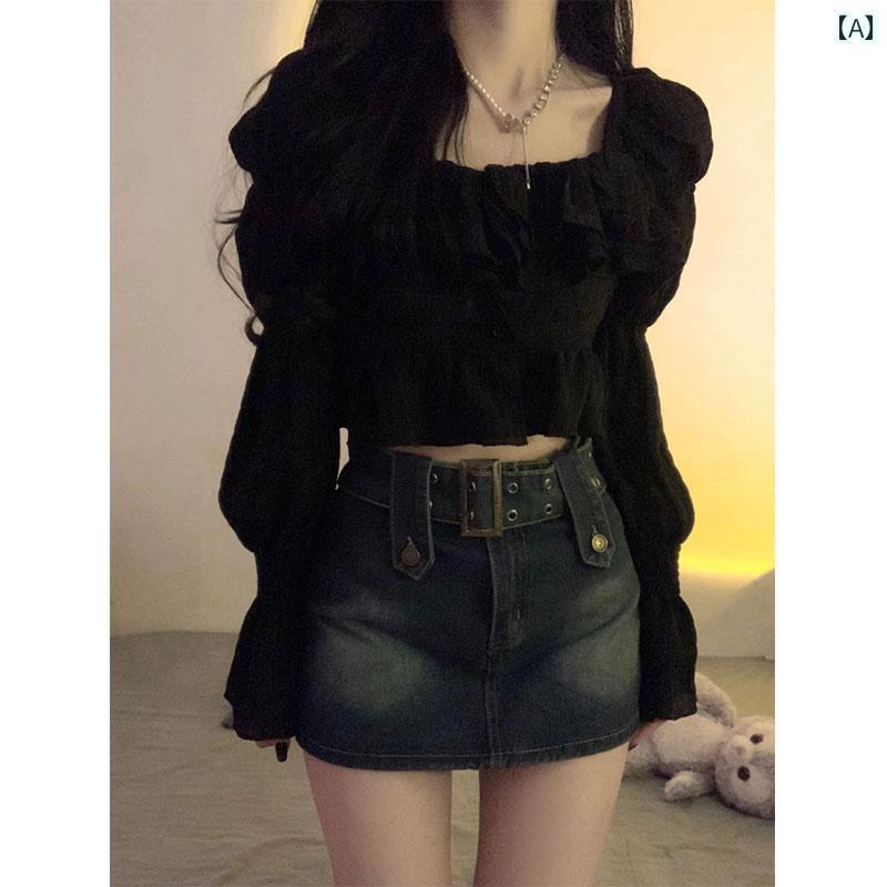 レディース トップス かわいい 春夏 フレンチ パフスリーブ スクエアネック 鎖骨 長袖 シャツ レディース 早春秋服 2025 ホット ガール ハイウエスト ショート トップ