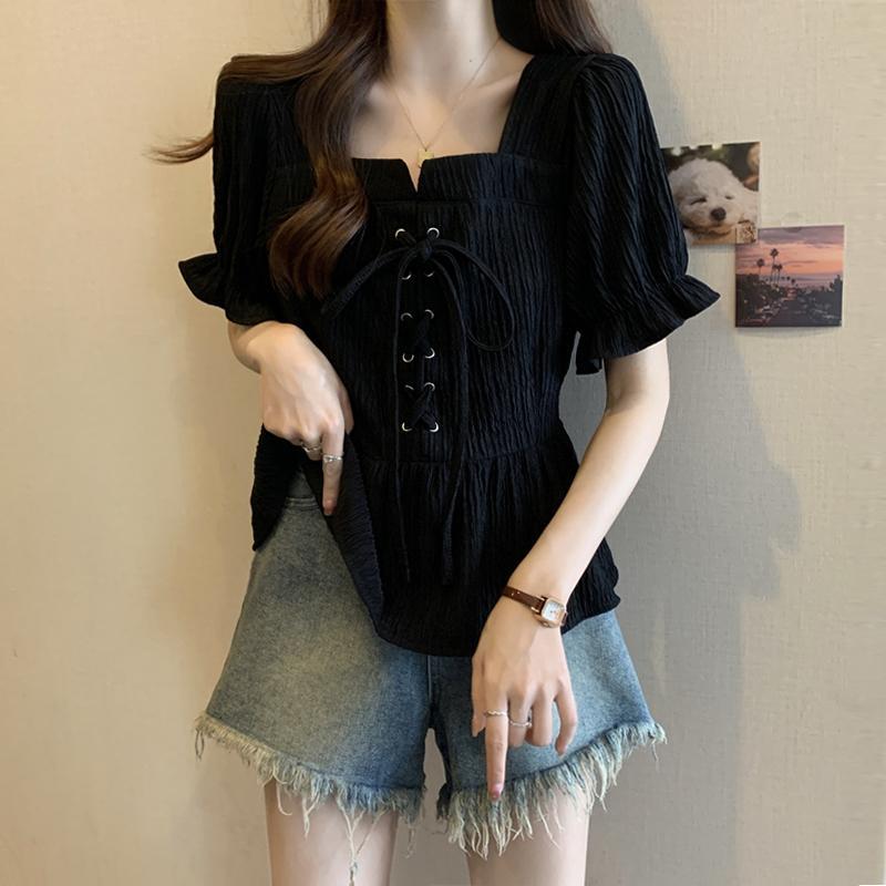 レディース トップス かわいい 春夏 大きめ サイズ 女性用 腹部 カバー パフスリーブ スクエアネック シャツ 夏の 女性向け 太った 女の子がお 肉を して スリムに 見える 右 肩 トップス