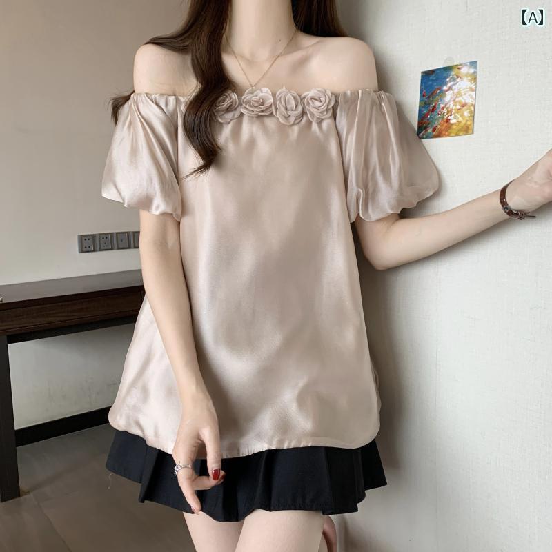 レディース トップス かわいい 春夏 フレンチ パフスリーブ 立体 花 スクエアネック 半袖 シャツ レディース 2025 春夏 大きいサイズ mm スリム ショルダー トップ