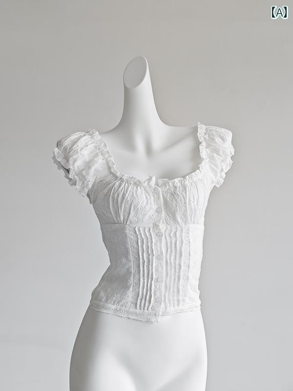 レディース トップス かわいい 春夏 な スタイル スクエアネック パフスリーブシャツ レディース 夏 白 半袖 シャツ プリーツ スリム ウエスト ショート トップ