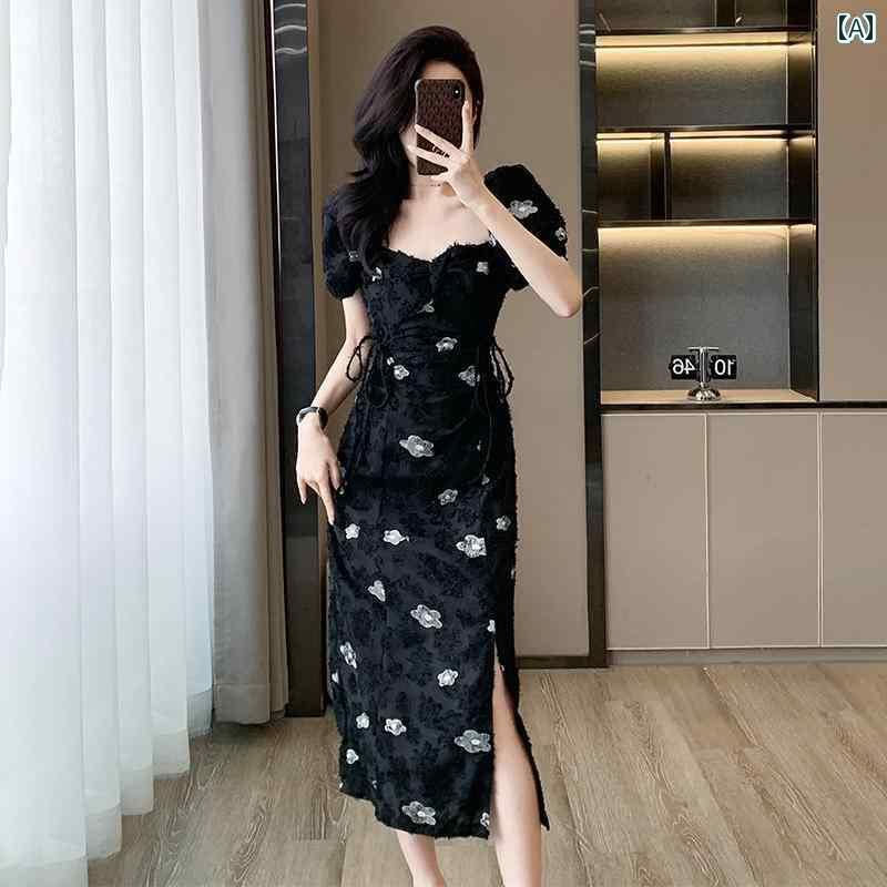 レディース トップス かわいい 春夏 2025夏の フレンチ レトロ スクエアネック パフスリーブ ジャカード スリム ドレス ハイエンド 風