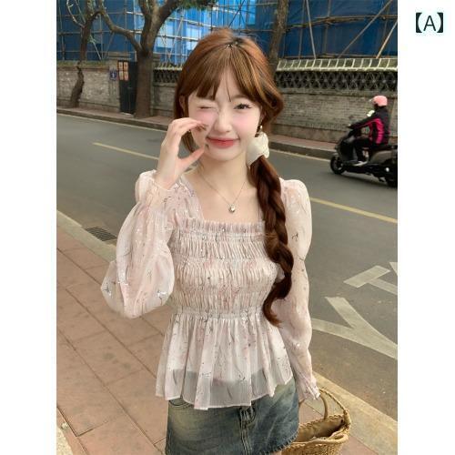 レディース トップス かわいい 春夏 フレンチシック 美しい 花柄 シャツ レディース 早春 ウエスト シフォン パフスリーブ ショート トップ