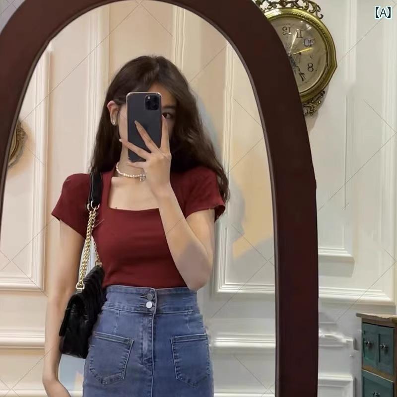 レディース トップス オシャレ 春夏 スクエアネック 右 肩 Tシャツ レディース 半袖 夏 ホット ガール ..