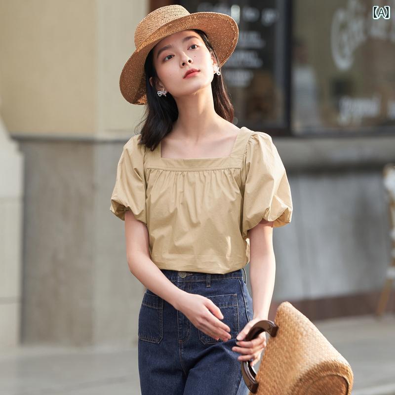レディース トップス オシャレ 春夏 イン マン フレンチスクエア ネック 半袖 シャツ Tシャツ レディース 2025夏 パフスリーブ 綿 トップス