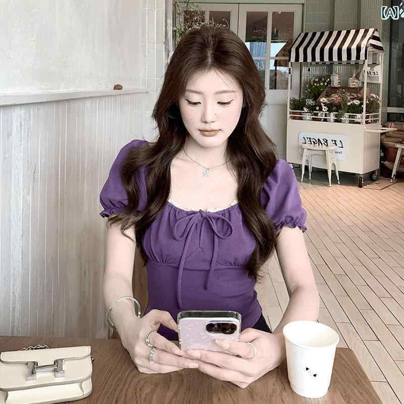 レディース トップス オシャレ 春夏 フランス製の 紫色の レースエッジの パフスリーブシャツ レディース 夏 シャツ スリムフィット 半袖 トップス