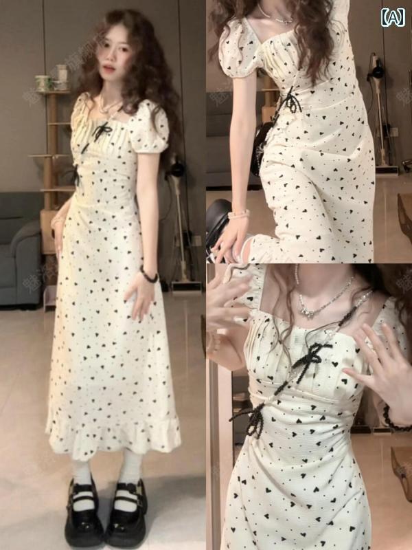 レディース トップス オシャレ 春夏 フレンチスクエア ネック パフスリーブ 花柄 ワンピース レディース 夏 シック ティーブレイク ウエスト スリムフィット ロング