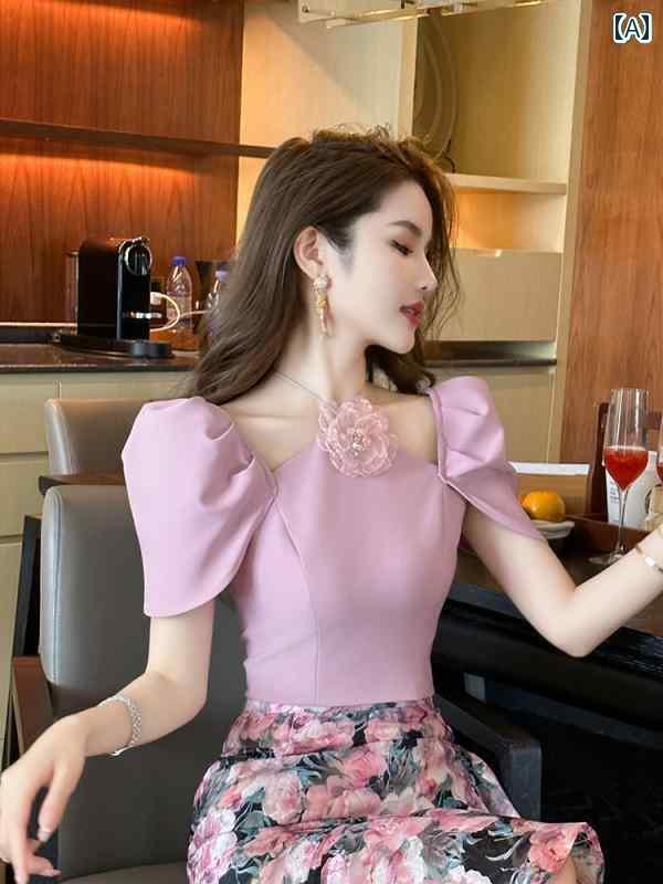 レディース トップス オシャレ 春夏 フレンチ ホルターネック スクエアネック 半袖 シャツ レディース 2025夏 パフスリーブ スリム イン シック トップス