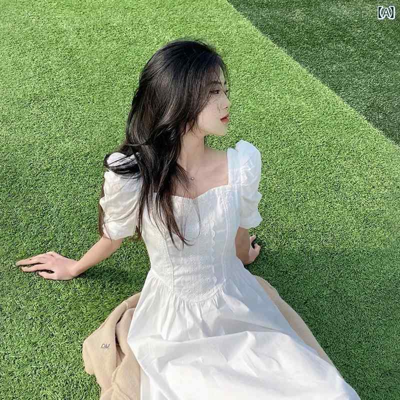 レディース トップス オシャレ 春夏 女性用 ホワイトスクエア ネック パフスリーブドレス 夏用 ガール ロング ドレス フレンチ プラティ コドン ウエスト スリミング スカート