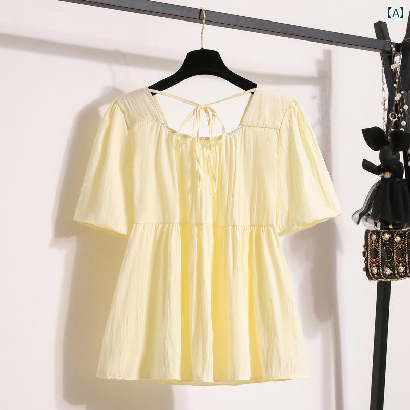 レディース トップス オシャレ 春夏 大きいサイズ フレンチスクエア ネック パフスリーブ シフォン 半袖 シャツ レディース 夏用 脂肪 mm スリミング お腹 カバー ベビー トップス