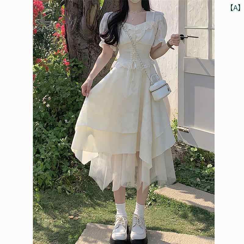 レディース トップス オシャレ 春夏 夏用の フレンチ 白い 女性用 ドレス 小柄な チュールドレス ケー..