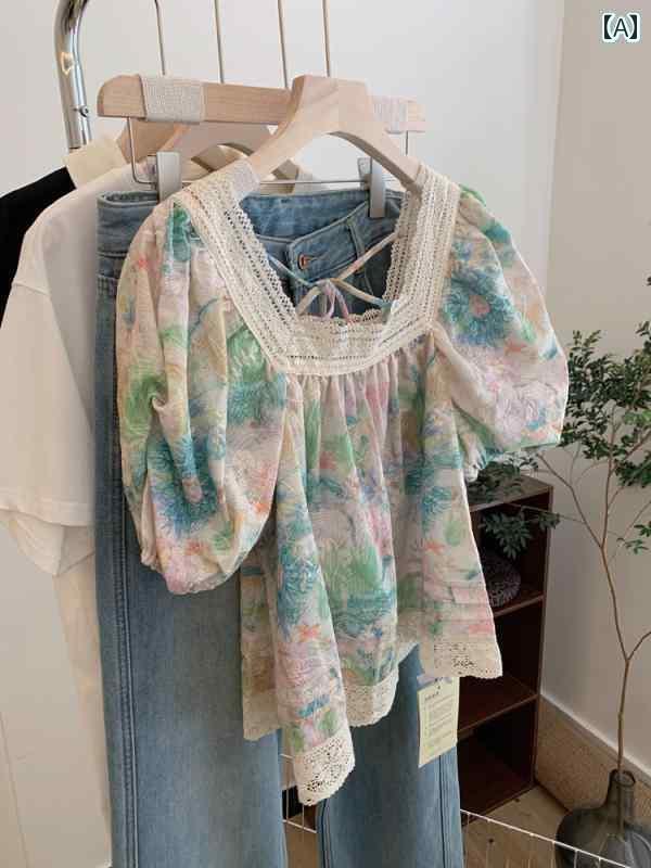 レディース トップス オシャレ 春夏 ウエスト バンド 付きの 女性用 花柄 シャツ。 ユニークで 美しい ショート スタイル スリム エレガントな パフスリーブ トップ。