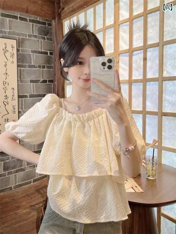 レディース トップス オシャレ 春夏 大きめ サイズ レディース 初夏の シフォン 衣装 フランスの 高級 ワン ショルダーサスペンダー パフスリーブシャツ mm 半袖 トップス