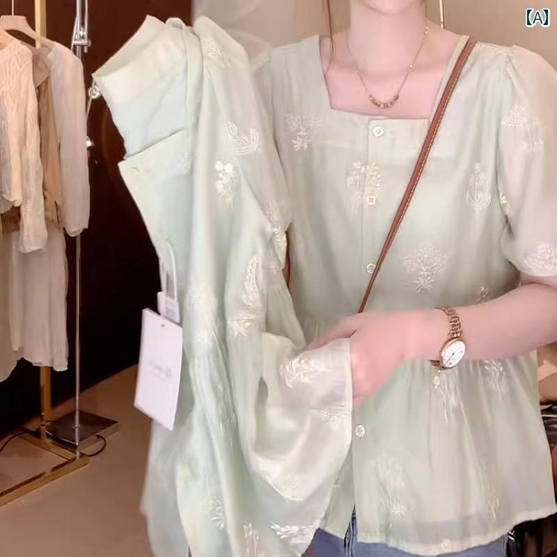 レディース トップス オシャレ 春夏 肌を 覆う 大きめ サイズ フレンチスクエア ネック ライト グリーンの 白い 半袖 シャツ 夏用の レディース ミリの ゆったり スリム トップス