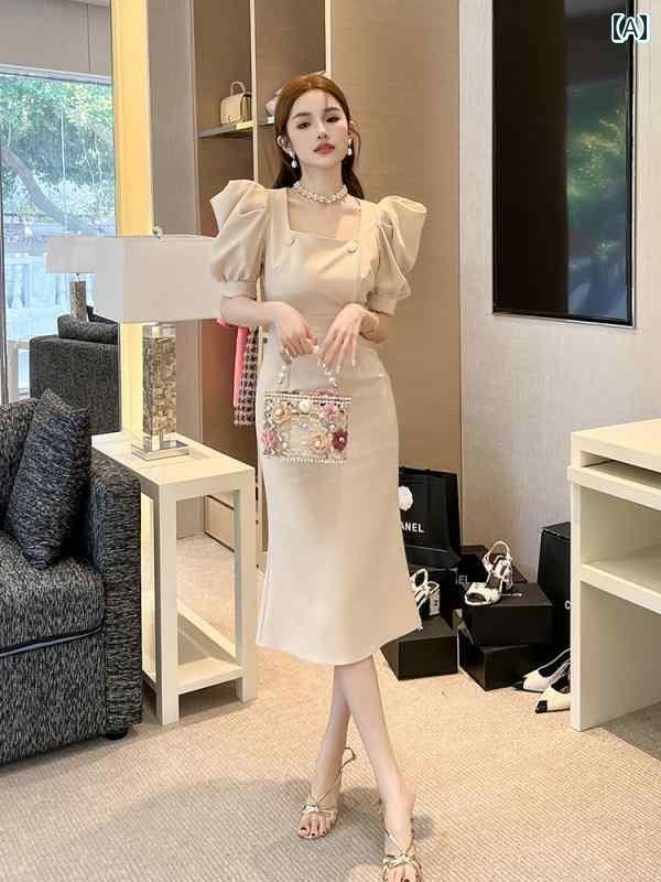 レディース トップス オシャレ 春 女性用 2025夏 フレンチ 小さい フレグランス スクエアネック スリム スリミング ロング ドレスの 高級 パフスリーブドレス