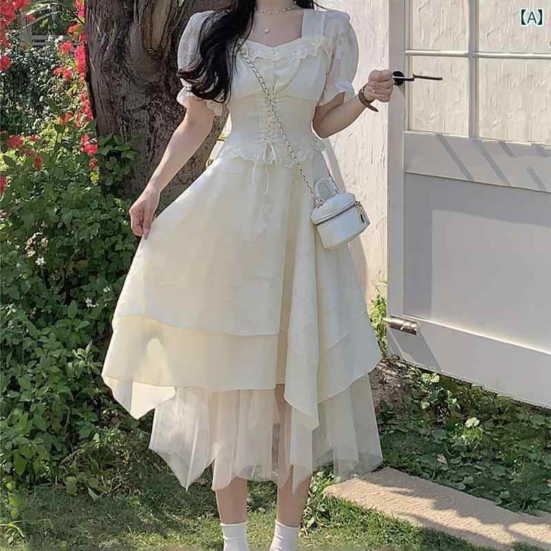 レディース トップス オシャレ 春 フレンチスクエア ネック パフスリーブドレス 女性 夏 タイ 三 亜 フェアリー チュール スカート プリンセス パフ 大人用 スモール ドレス