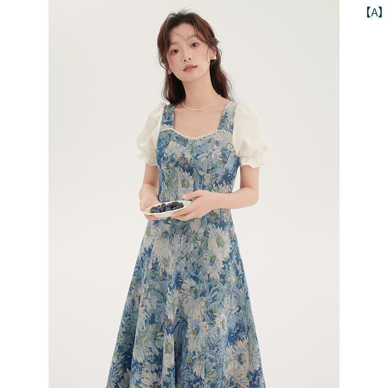 レディース トップス オシャレ 春 チーズ ディア ティーブレイク レトロ 油絵 ドレス レディース サマ..