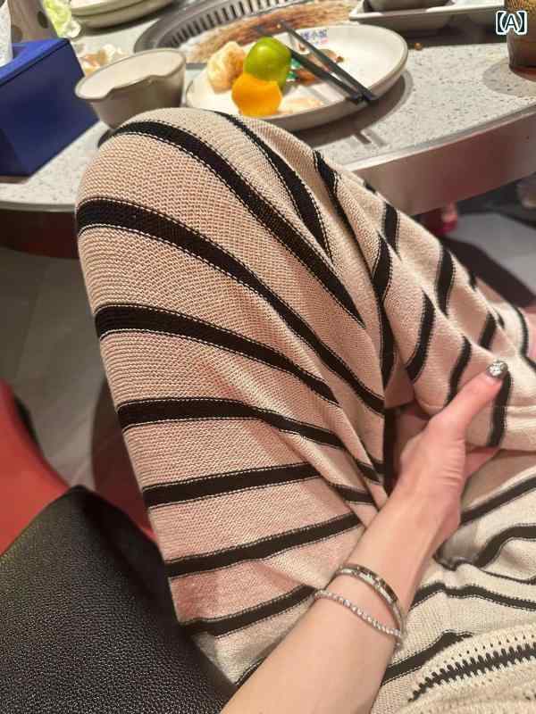 レディース パンツ オシャレ 私服のお すすめ： ゆったり コントラストの ストライプの スリム リネンニット パンツ ドレープ 感の ある 床丈 レディース ワイド レッグ(4)