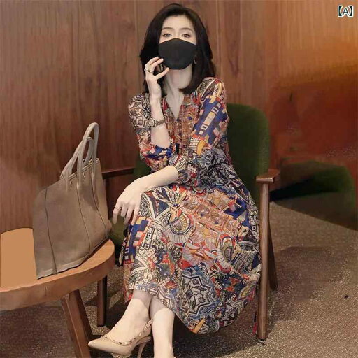 シャツ シャツワンピ カットソー 韓国 の 高級 民族 風 レトロ 長袖 ワンピース 女性 ウエスト Vネック 軽い 成熟 した スタイル aライン ロング スカート 春秋 夏 シャツ シャツワンピ カットソー 韓国 の 高級 民族 風 レトロ 長袖 ワンピース 女性 ウエスト Vネック 軽い 成熟 した スタイル aライン ロング スカート 春秋 夏