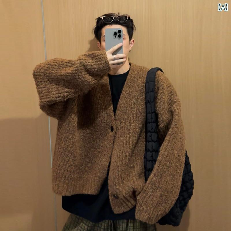 服 シンプル アメリカン な ハイエンド ショート ワイド ヘビー カーディガン セーター メンズ 秋冬 カジュアル 太い ライン ジャケット(4)