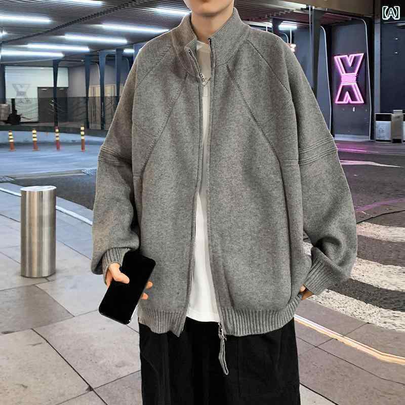 服 シンプル ダブル ジッパー カーディガン セーター メンズ スタンドカラー スタイル トップス 春秋 アメリカン ニット ジャケット