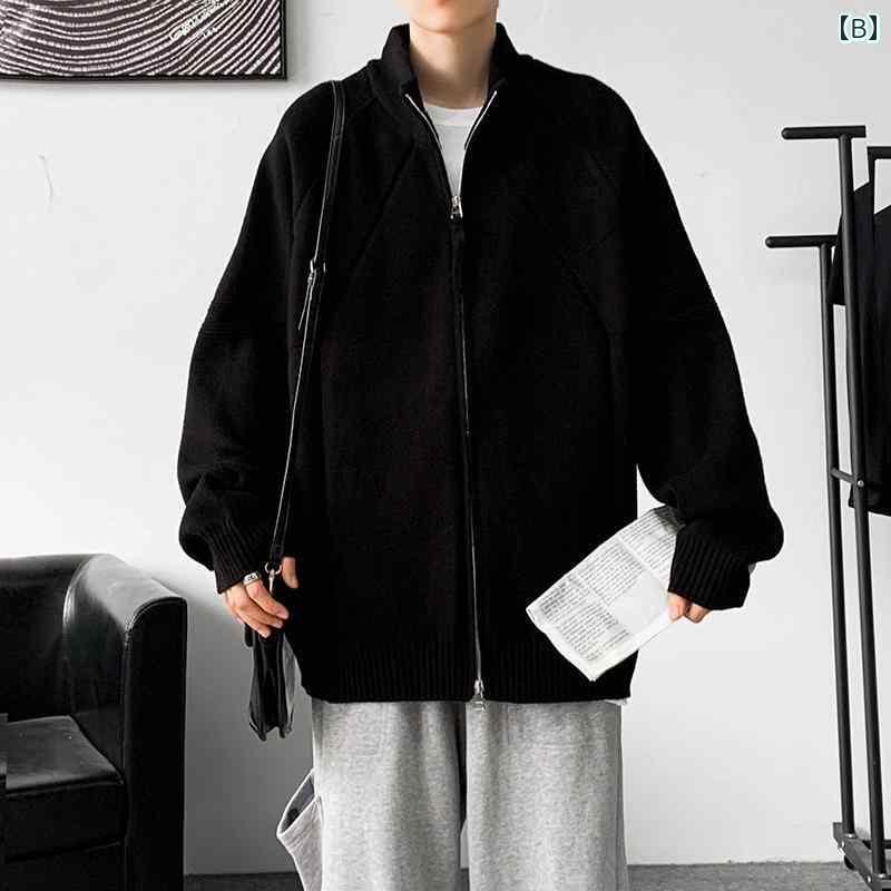 服 シンプル ダブル ジッパー カーディガン セーター メンズ スタンドカラー スタイル トップス 春秋 アメリカン ニット ジャケット