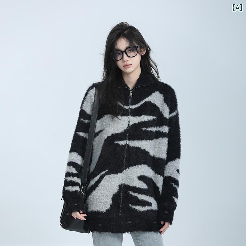 服 シンプル 【お 金を 使い果たす】 アメリカン レトロ モヘア ジッパー カーディガン セーター レディースニット