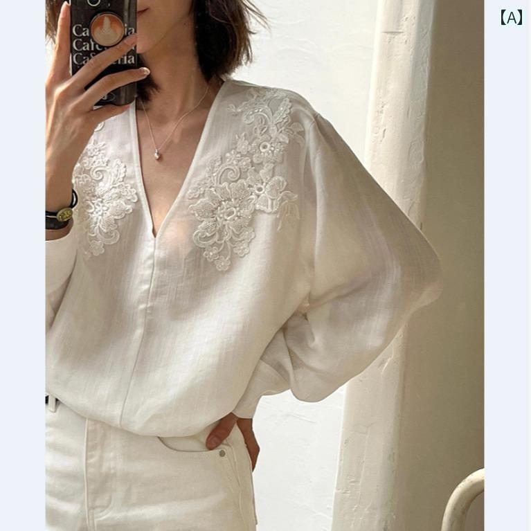 レディース シャツ おしゃれ フランスの レトロ 白い シャツ 女性用 2025 春の 高級 な ヘビー 刺繍の Vネック トップ(4)