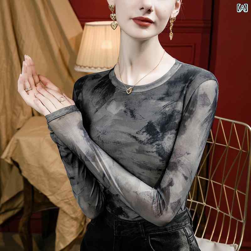 レディース トップス かわいい タイ ダイ プリント レトロ メッシュ レイヤリング シャツ 女性 スリム..