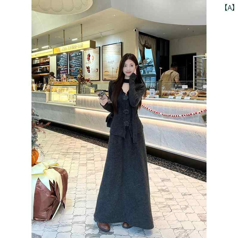 シャツ シャツワンピ カットソー 韓国 立体 花 Vネック リボン 長袖 セーター ハイウエスト スリム マキシ スカート 女性 2024 冬 ファッション スーツ