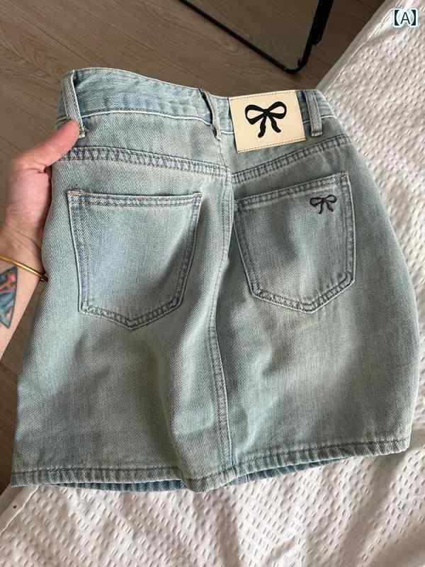 レディース スカート ショートパンツ アメリカン レトロ リボン 刺繍 デニムスカート 女性用 夏用 ホッ..