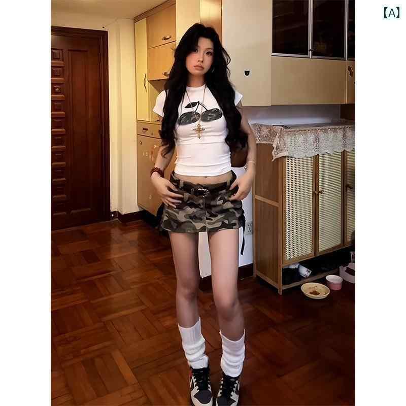 レディース スカート ショートパンツ アメリカ ホット ガール 迷彩 デニムスカート レディース 夏 スタイル 小さい アンチ 露出 魅惑的 ヒップ ラップ ミニ スカート パンツ