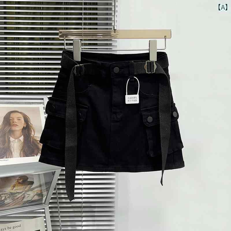 レディース スカート ショートパンツ 春夏の スタイル ホット ガールズ ビッグ ポケット ワークウェア ストラップ 付き デニムスカート ヒップ ラップ aライン ショート スカート