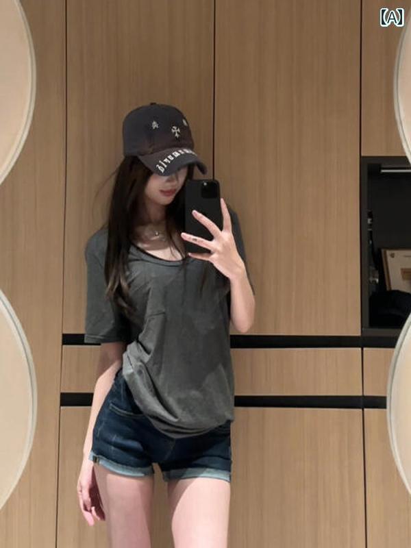 レディース スカート ショートパンツ レトロ ダーク カラーの 伸縮性の ある ローウエスト デニムショートパンツ。 レディースの 夏の新 スタイル。 甘くて クールな ホット ガールの スリムフィット ヒップ パンツ。