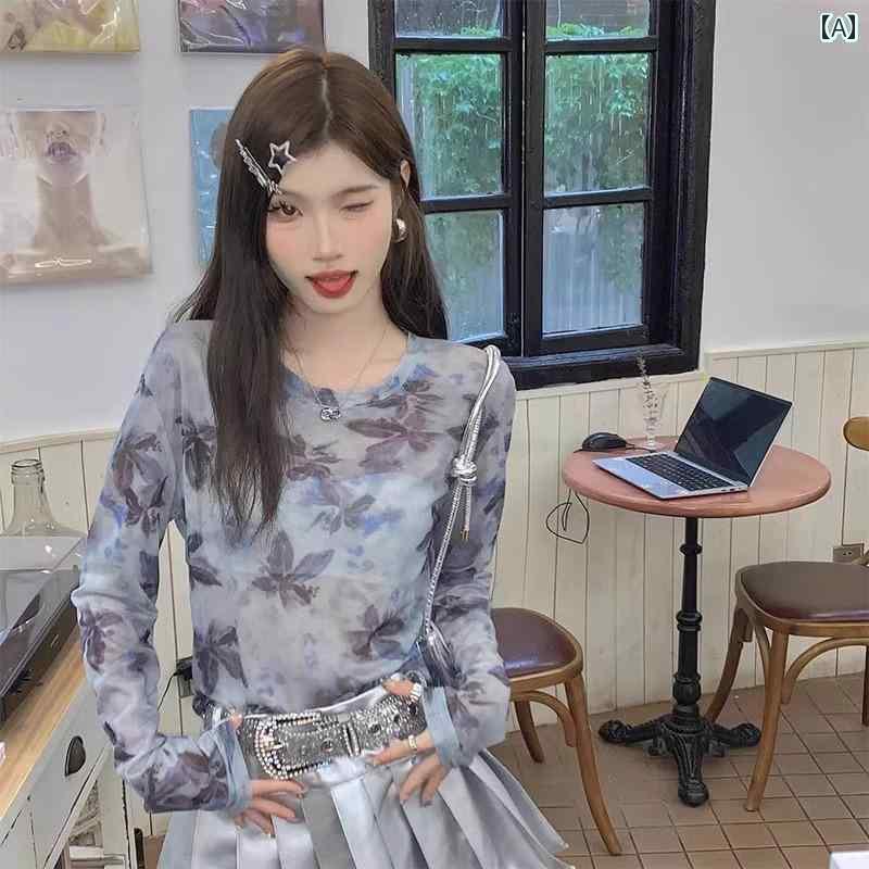 レディース トップス かわいい タイ ダイ 染めの 蝶 プリント メッシュ 長袖 Tシャツ 女性用 夏 2024 ホット ガール スリム 薄手 日焼..