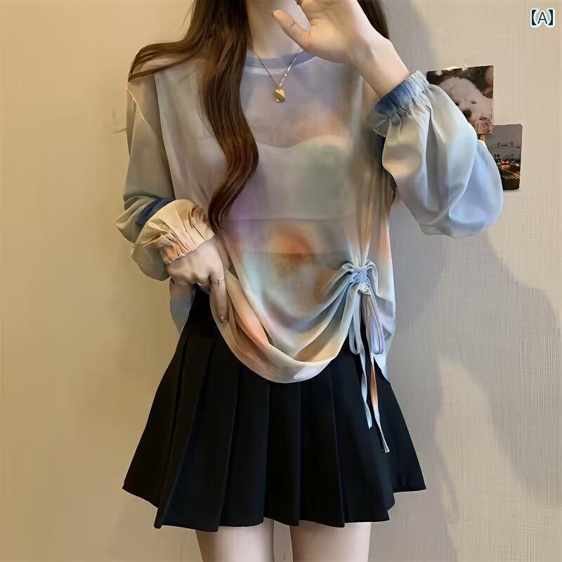 レディース トップス 夏用の レディース 大判 タイ ダイ 長袖 Tシャツ 薄手 日焼け防止 ブラウス やや 太めの mm ドローストリング 不規則 トップ
