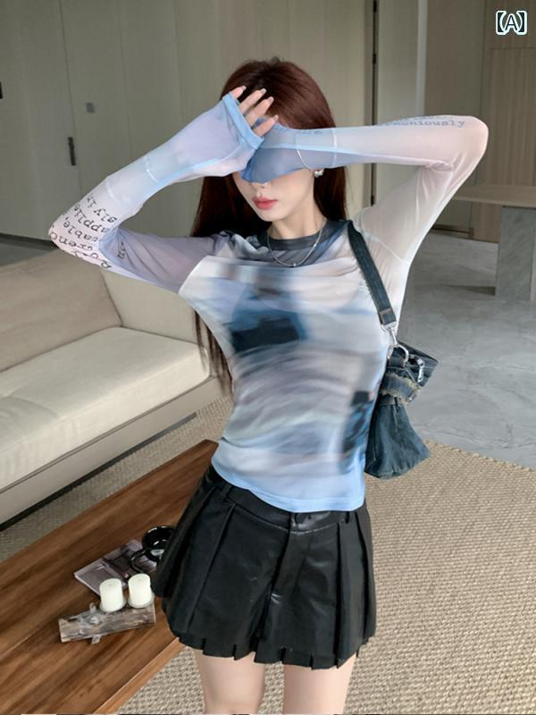 レディース トップス 夏の 女性用 の タイ ダイ メッシュ 長袖 Tシャツ な ホット ガール 薄手で やや 透け 感の ある 日焼け防止 ブラウス トップ