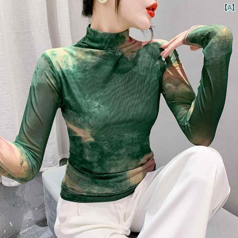 レディース トップス 女性用 絞り 染め ハイネック メッシュ レイヤリング シャツ 高級 長袖 Tシャツ ..