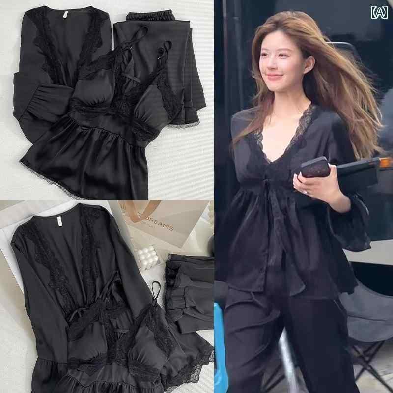 レディース ルームウェア かわいい 趙 璐 斯の同 型 スタイル 春秋 パジャマ レディース 冷感 長袖 ブラック 胸 パッド 付き 3点 セット 大きいサイズ レース ホームウェア