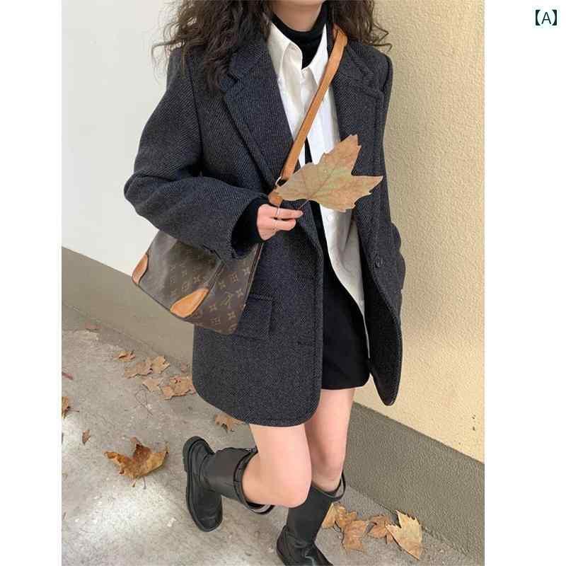 Coat - レディース コート シンプル 秋冬 レトロ ツイル ウール スーツ ジャケット レディース ショート 厚手 コート