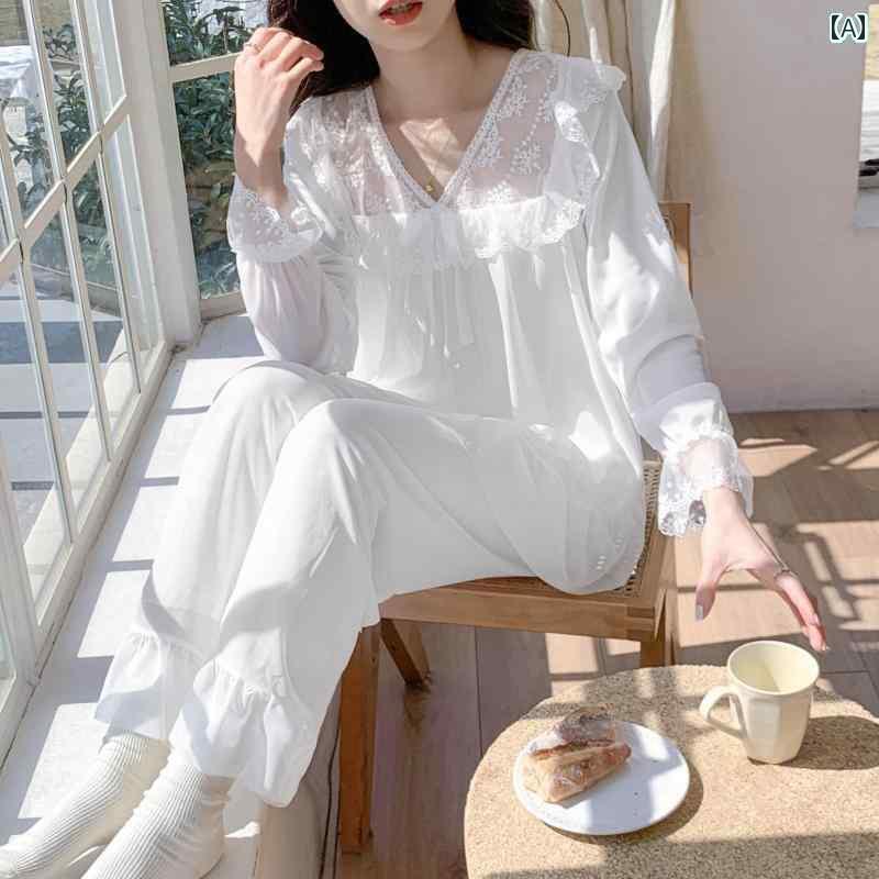 レディース ルームウェア かわいい な レースの 長袖 パジャマ 春秋 女性用 プリンセス 魅惑的 メッシュ モダール レース ホーム 服 スーツ(4.0)