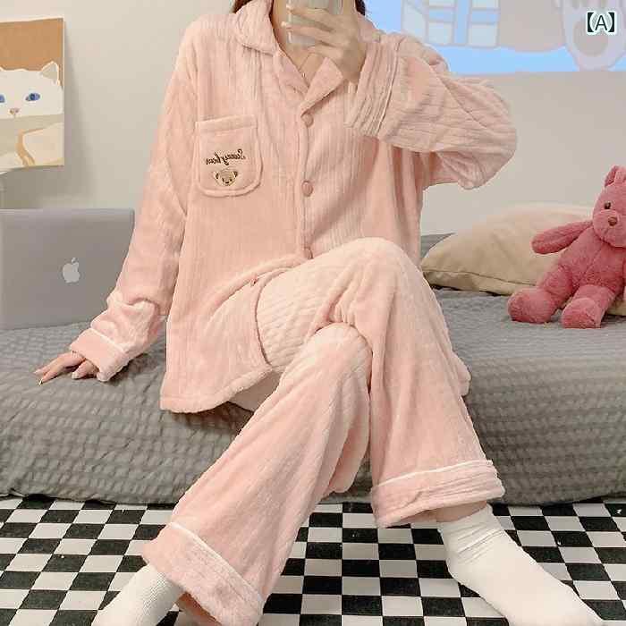 Pajamas - レディース ルームウェア かわいい 2024 フランネル スイート ガール ホームウェア スーツ 秋冬 高級 シンプル コーラル フリース パジャマ レディース