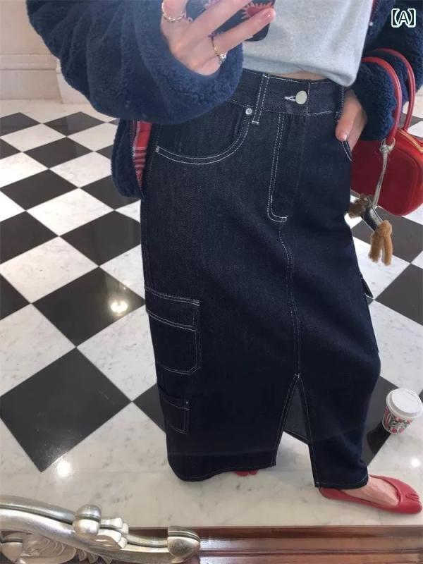 レディース トップス かわいい 大きめ サイズ 婦人服 洋 ナシ型の 太った 女の子向け mm レトロ オールド デニム 春秋 スリム スプリット マキシ スカート