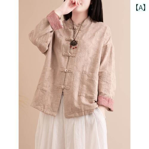 レディース トップス かわいい 春秋 女性用 レトロ 綿 麻の ボタン 付き シャツ ジャケット チャイナ風 民族 風の ジャカード 唐装 リネンの カーディガン トップ