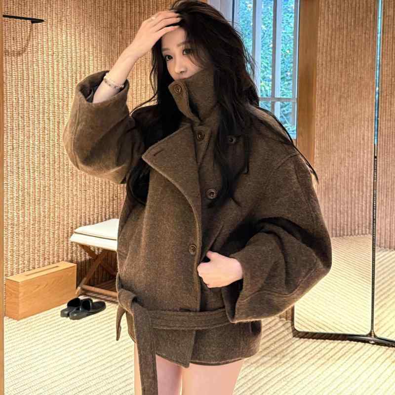 レディース コート シンプル ブラウンの 両面 スタンドカラー ウール コート 女性用 冬用新 スタイル ハイエンド なの ショート 丈 厚手