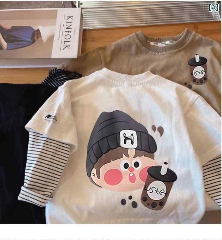 キッズ 子供 トップス かわいい 男の子 韓国 長袖 Tシャツ 2024 春秋 子供の ミルクティー ストライプ ..