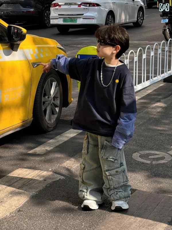 キッズ 子供 トップス かわいい 小 潔の 2025 春 韓国 男児 長袖 Tシャツ フェイク ツーピース ステッ..