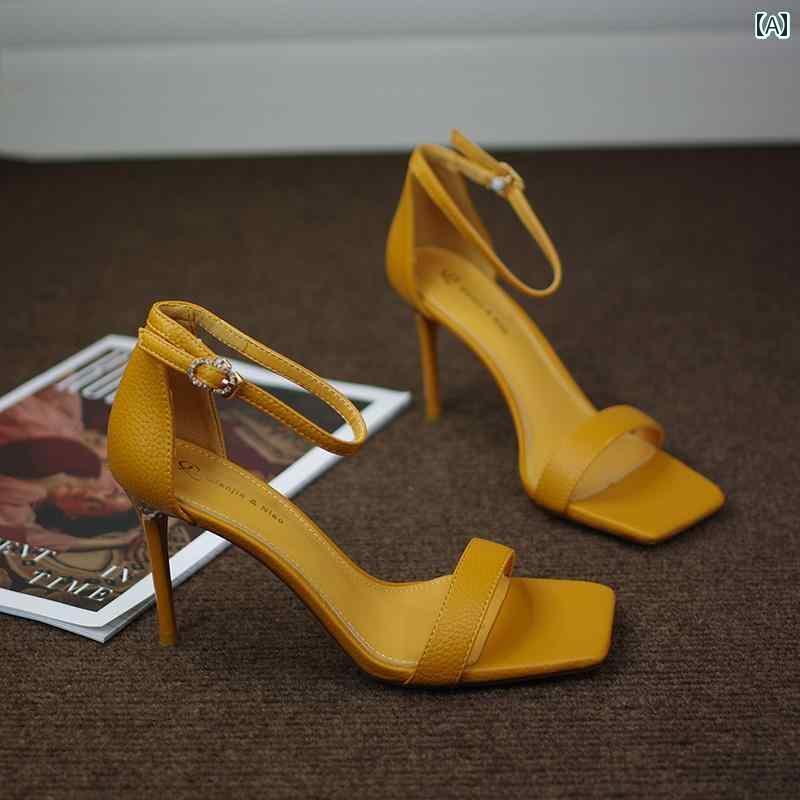 レディース ヒール おしゃれ 夏の 女性用 イエロー ハイヒール 疲れにくい 足 スクエアトゥ スティレッ..