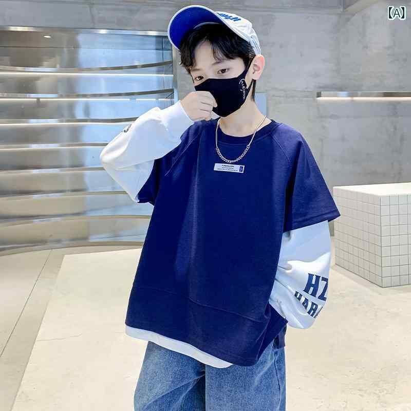 子供服 かわいい おしゃれ 男の子 スウェットシャツ 春秋 20258 春 子供 フェイク ツーピース 長袖 Tシ..