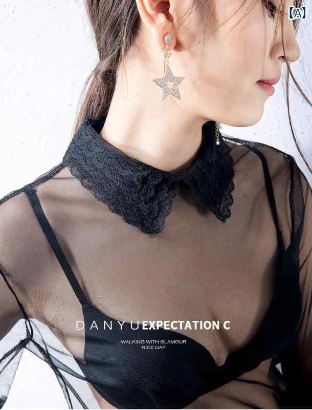 レディース トップス オシャレ 秋冬 無地 レース メッシュシャツ 襟の 内側の 装飾 襟 レディース 万能..