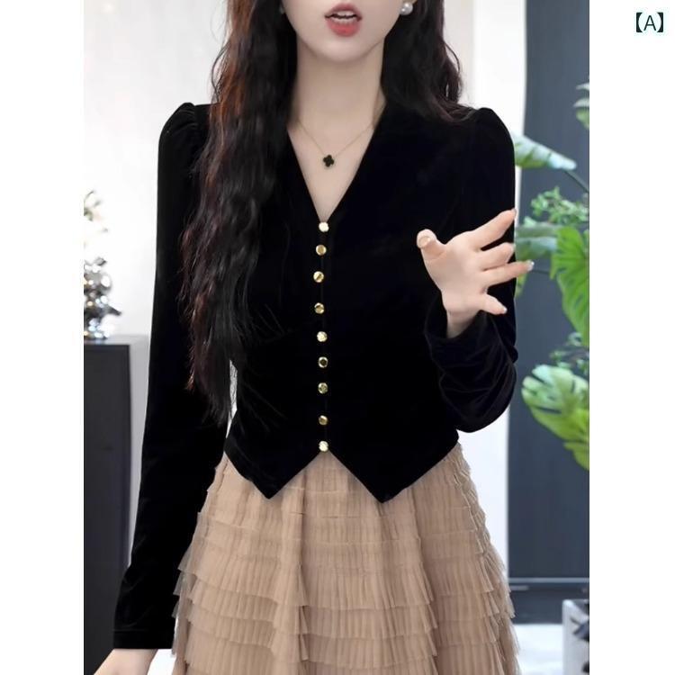 レディース トップス オシャレ 春 杭 州 高級 シルク シャツ レディース ゴールド ベルベット 2025 秋..